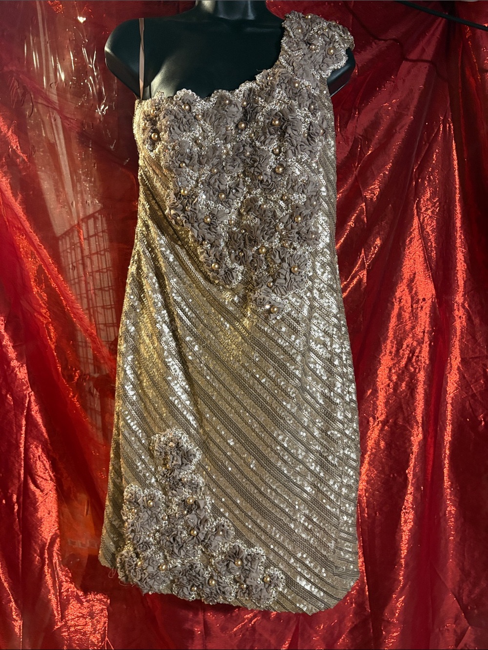 Embellished One-Shoulder Bronze Cocktail Dress